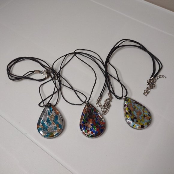 Set Of 3 Colorful Glass Teardrop Shaped Pendant Necklaces 20 Inches Long - Picture 1 of 15